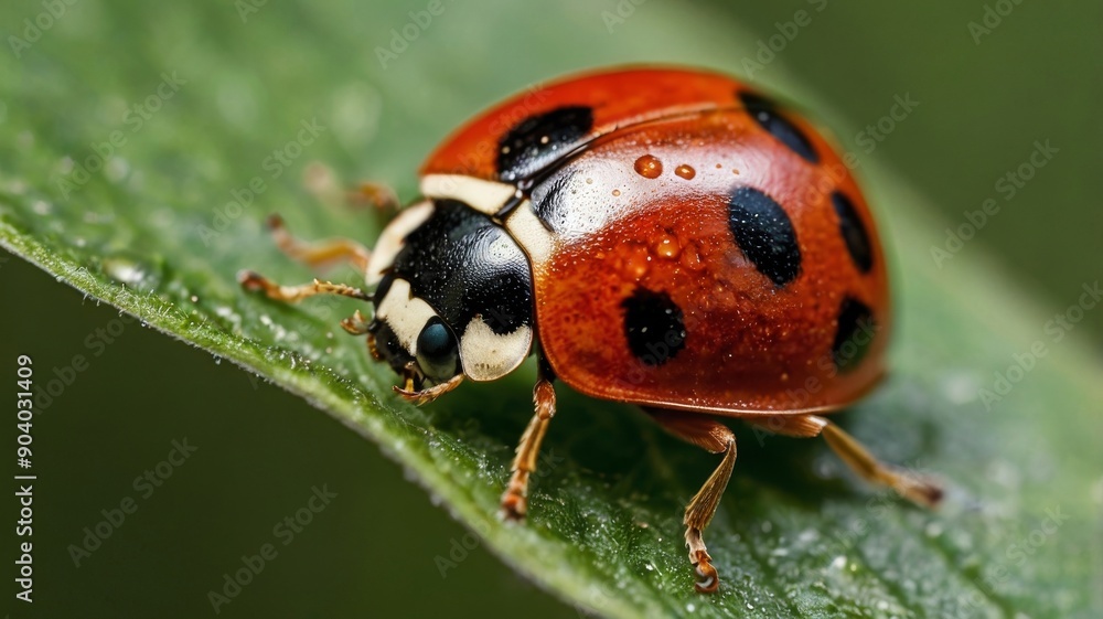 Close-up of a ladybug perched on a green leaf, showcasing its vibrant red shell and distinctive black spots. Close-up of a ladybug perched on a green leaf, showcasing its vibrant red shell and distinctive black spots.