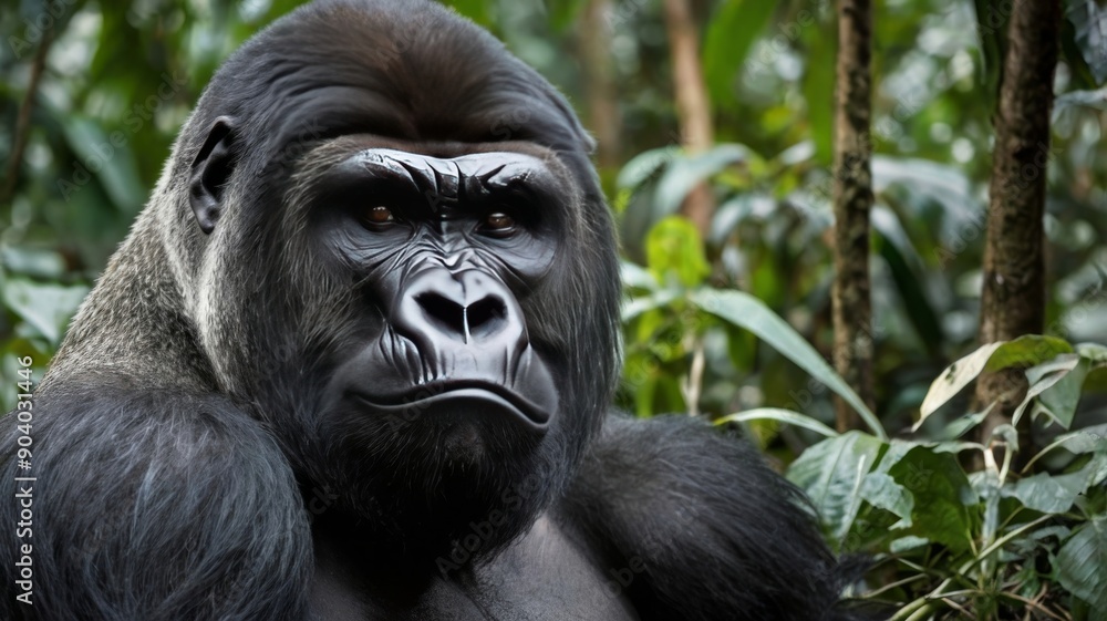 A majestic male gorilla resting in dense jungle foliage, showcasing powerful features and a calm demeanor. A majestic male gorilla resting in dense jungle foliage, showcasing powerful features and a calm demeanor.