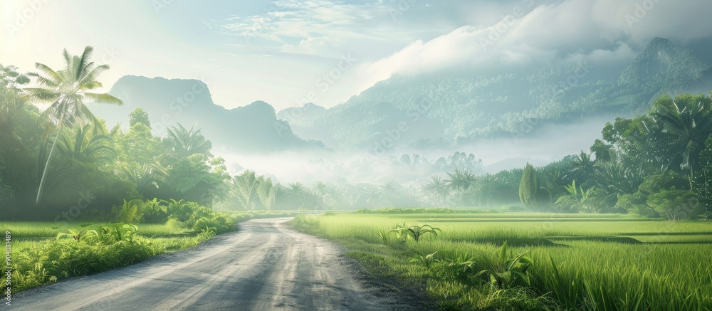 Scenic morning landscape with a road rice field and lush greenery perfect for a copy space image Scenic morning landscape with a road rice field and lush greenery perfect for a copy space image
