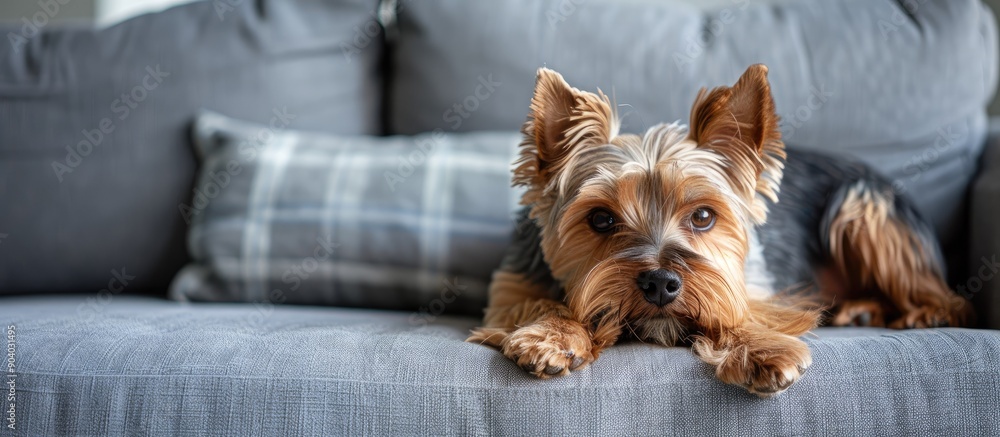 A Yorkshire Terrier dog lounging on a gray sofa with a spacious background for copy space image A Yorkshire Terrier dog lounging on a gray sofa with a spacious background for copy space image