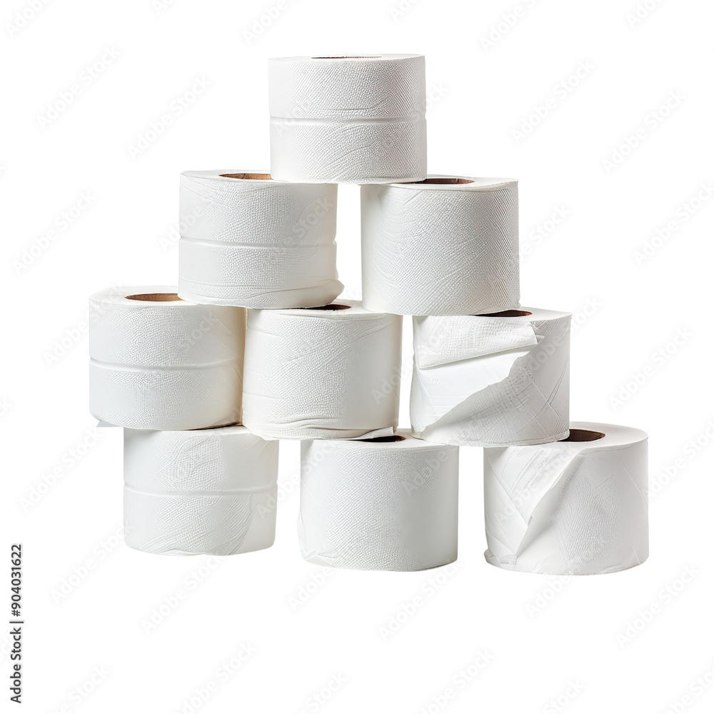 Stack of white toilet paper rolls arranged in a pyramid shape on a white background. Household essential for bathroom hygiene and cleanliness. Stack of white toilet paper rolls arranged in a pyramid shape on a white background. Household essential for bathroom hygiene and cleanliness.
