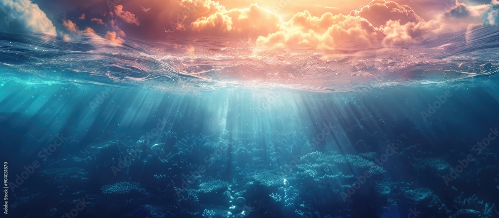 A scenic copy space image captures the deep sea set against the vibrant light and sky A scenic copy space image captures the deep sea set against the vibrant light and sky