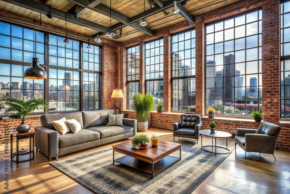 Urban loft interior with industrial chic decor, exposed brick wall, and large windows showcasing cityscape, perfect for lifestyle and fashion photography settings. Urban loft interior with industrial chic decor, exposed brick wall, and large windows showcasing cityscape, perfect for lifestyle and fashion photography settings.