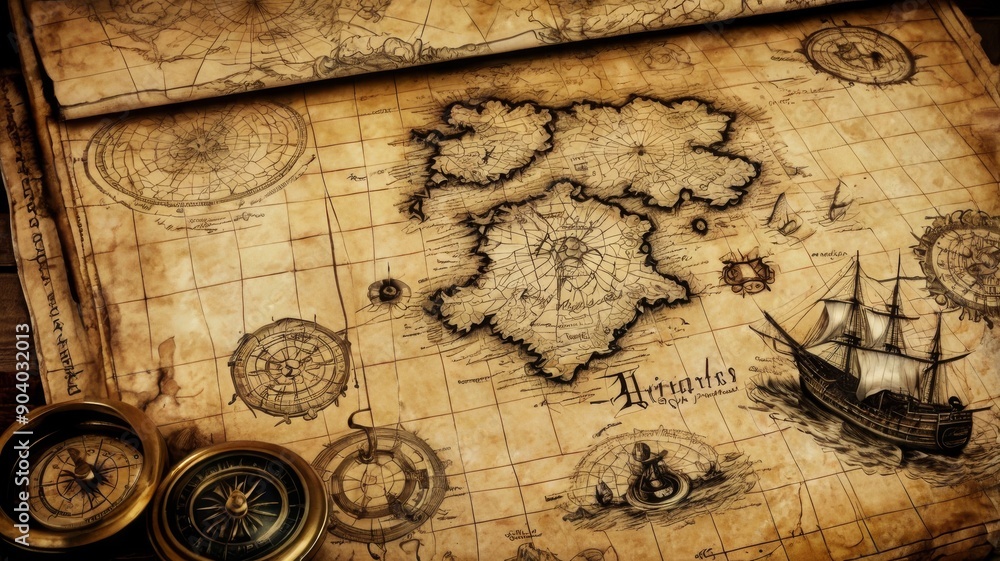 Fototapeta premium Antique map featuring uncharted islands and a vintage ship, set against a textured parchment background.