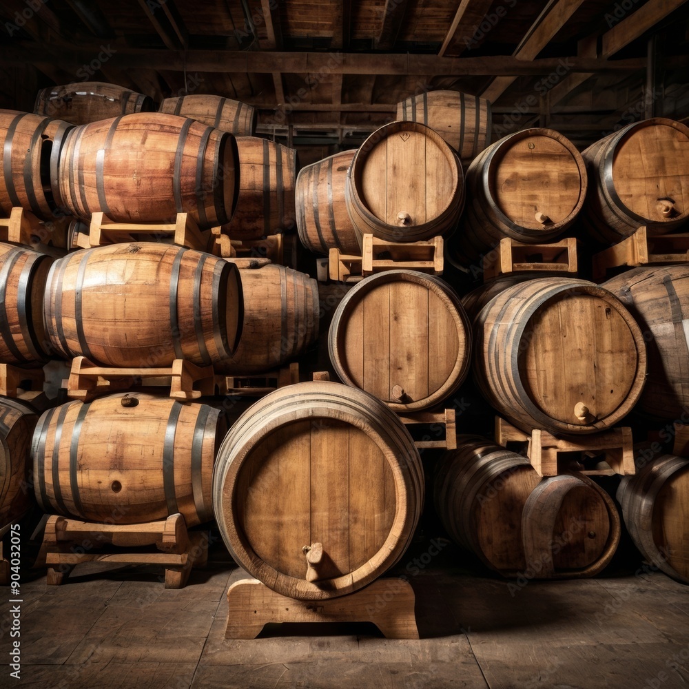 Close-up of aged wooden barrels stacked in a rustic, dimly lit cellar, exuding a warm, inviting atmosphere. Close-up of aged wooden barrels stacked in a rustic, dimly lit cellar, exuding a warm, inviting atmosphere.
