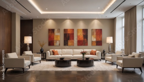 Elegant corporate lobby with contemporary furniture and abstract art 