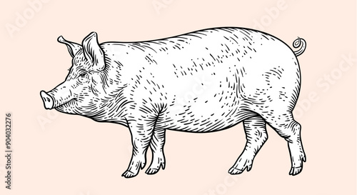 Pork, pig, hog sketch. Vintage retro print, black white farm domestic pig sketch ink pencil style drawing, engrave old school. Sketch artwork silhouette pig, white background. Vector Illustration