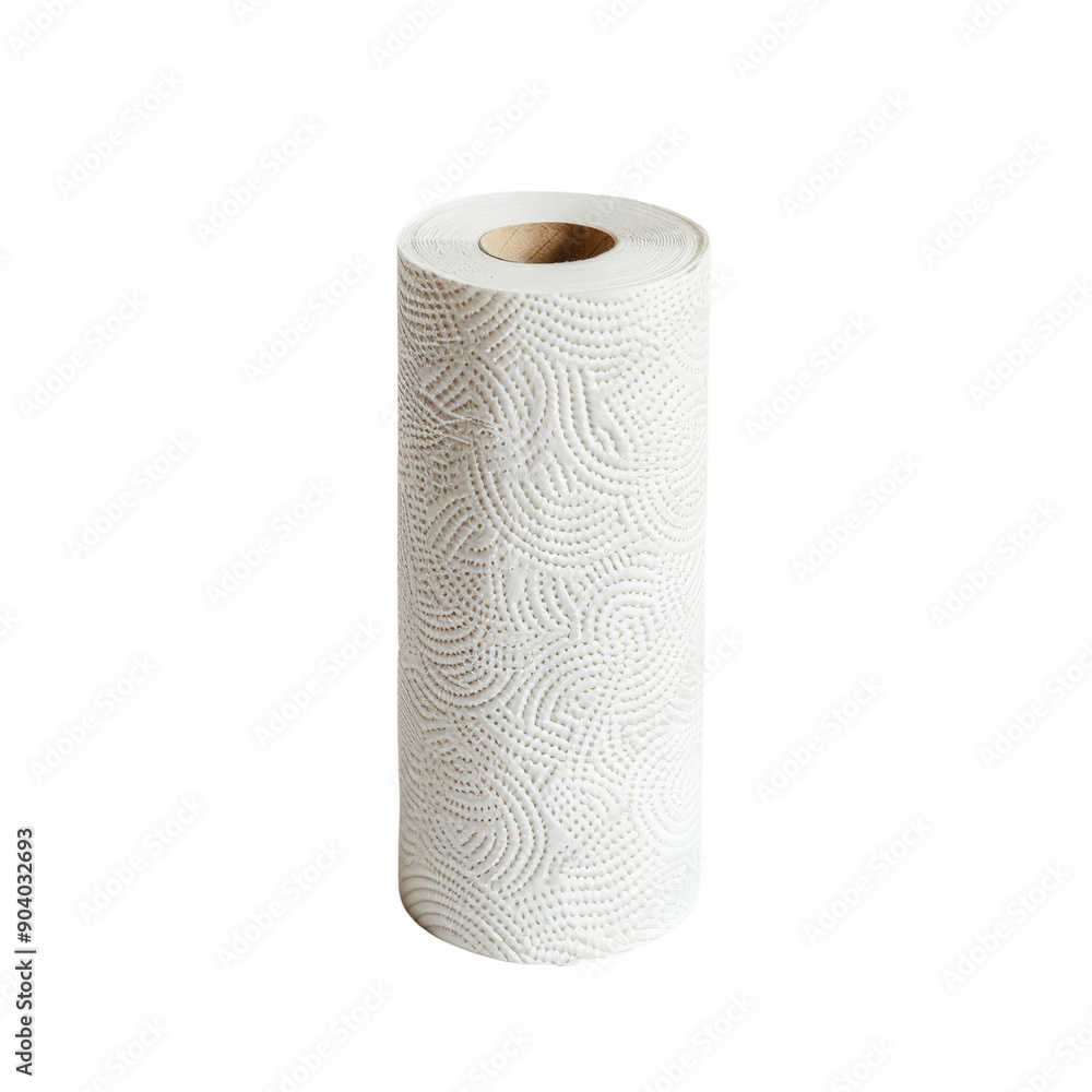 A single roll of white paper towels with a subtle pattern, perfect for kitchen or household cleaning tasks, isolated on a white background. A single roll of white paper towels with a subtle pattern, perfect for kitchen or household cleaning tasks, isolated on a white background.