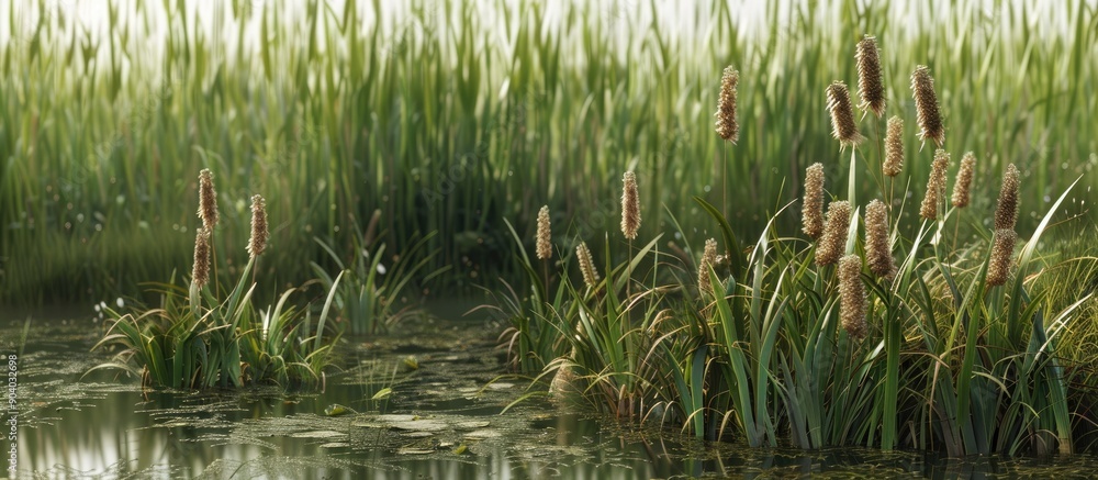 Wetland plants like cattails and reeds provide texture and interest to the landscape Both plants create a lush backdrop and enhance the overall natural ambiance with copy space image Wetland plants like cattails and reeds provide texture and interest to the landscape Both plants create a lush backdrop and enhance the overall natural ambiance with copy space image