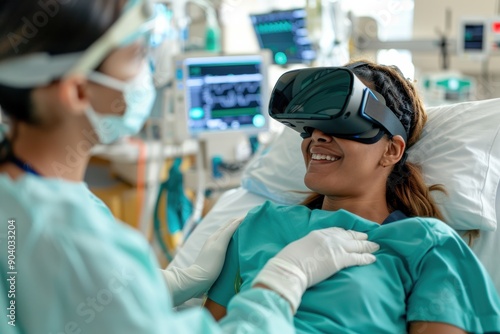 A patient in a medical setting is receiving care and therapy through a VR headset monitored by a healthcare professional, emphasizing the technological advancements in medicine.