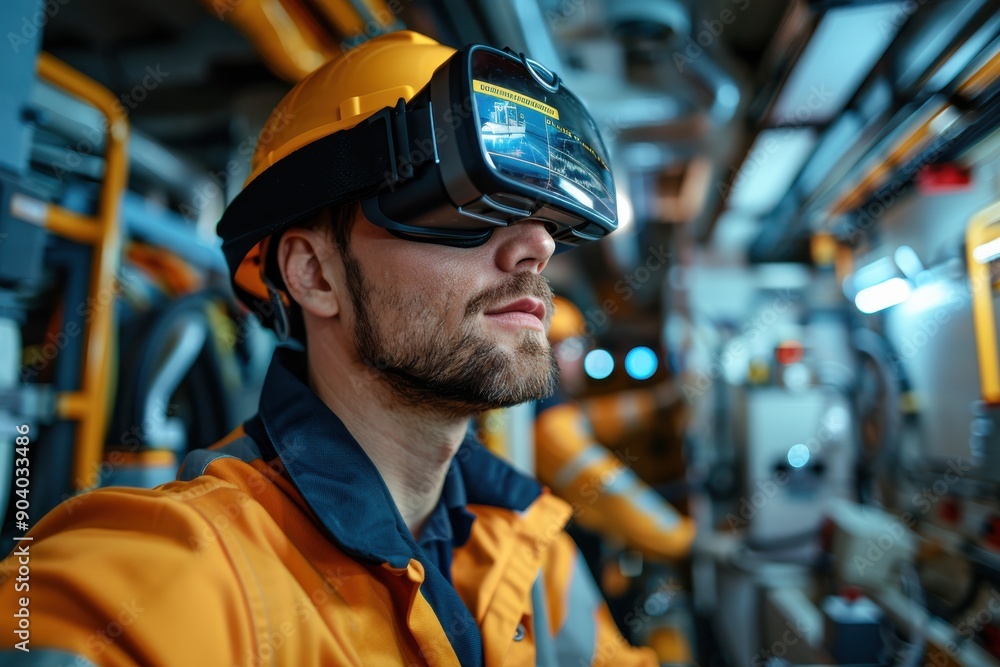 An industrial worker, equipped with a VR headset and safety gear, is seen in a highly technical factory setting, highlighting the application of virtual reality in industry for enhanced inspection an An industrial worker, equipped with a VR headset and safety gear, is seen in a highly technical factory setting, highlighting the application of virtual reality in industry for enhanced inspection an