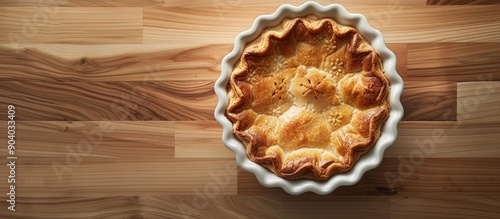 Pie displayed on a wooden table in a white dish with copy space image