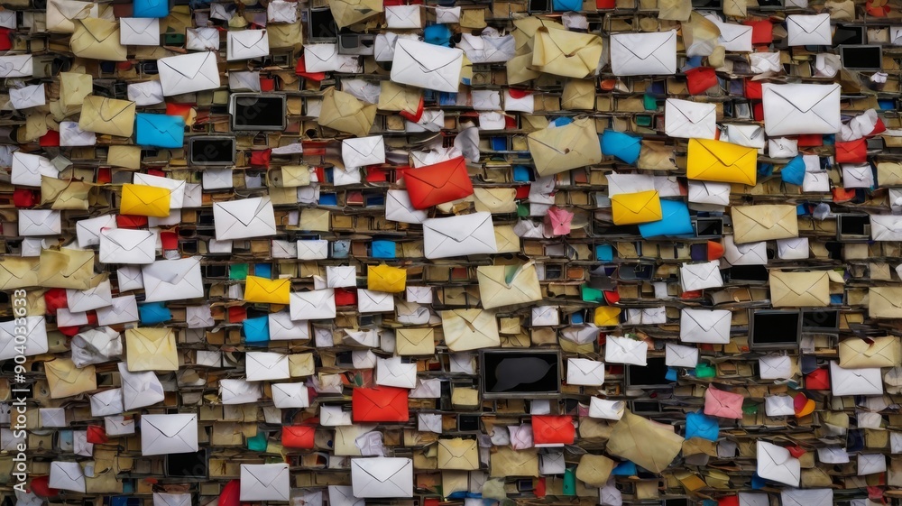 A vibrant and chaotic display of colorful envelopes and packages, creating a striking visual tapestry. A vibrant and chaotic display of colorful envelopes and packages, creating a striking visual tapestry.