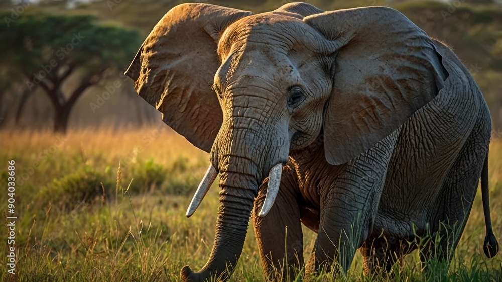 Fototapeta premium Majestic African elephant grazing peacefully in golden grass during sunset.