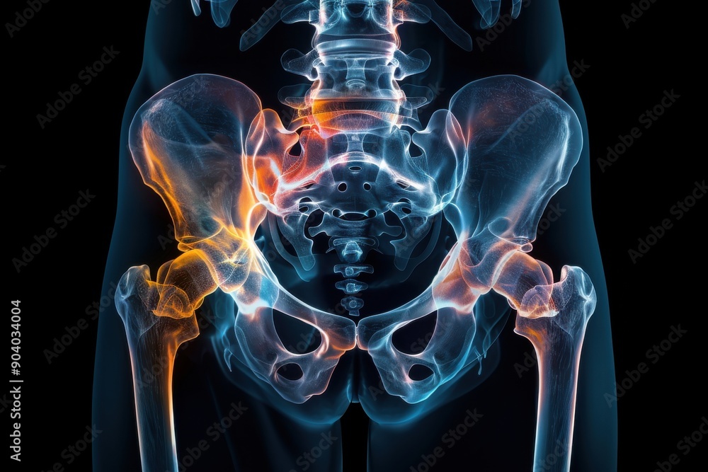 This image depicts the lower spine and hip region with a highlighted area indicating discomfort. It is used to visualize issues like hip joint disorders or degeneration. This image depicts the lower spine and hip region with a highlighted area indicating discomfort. It is used to visualize issues like hip joint disorders or degeneration.