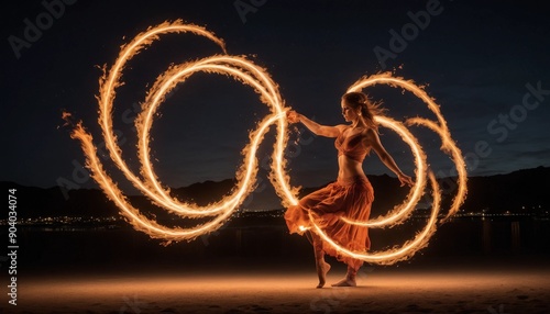 Fire dancer performing at night with flames creating dynamic light trails against a dark sky
 photo