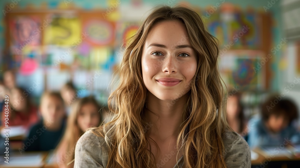 A portrait of an attractive woman in her late thirties with wavy hair, smiling at the camera while standing in front of students sitting on their desks in a classroom behind her A portrait of an attractive woman in her late thirties with wavy hair, smiling at the camera while standing in front of students sitting on their desks in a classroom behind her