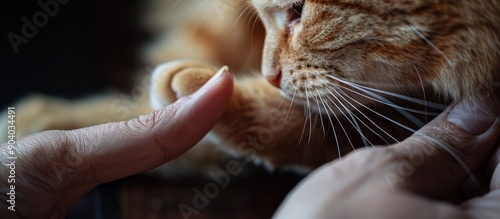 Zoomed in on a long sharp nail as the owner gently pushes out the claw in preparation to trim the cat s nails with copy space image photo