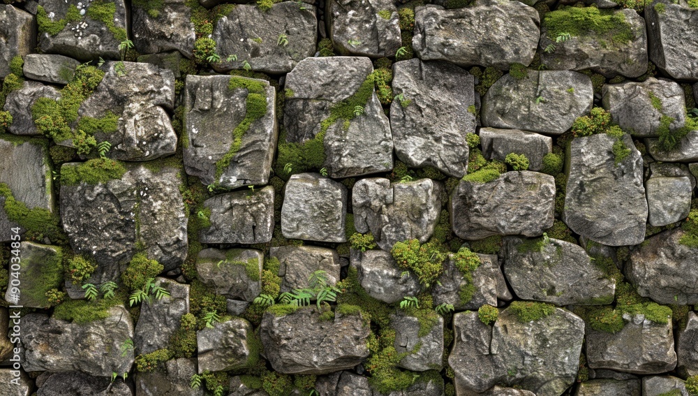 Stone Wall with Green Moss and Plants Stone Wall with Green Moss and Plants