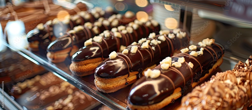 Elegant chocolate and vanilla eclairs enticingly displayed in the pastry chef s window with appealing copy space image Elegant chocolate and vanilla eclairs enticingly displayed in the pastry chef s window with appealing copy space image