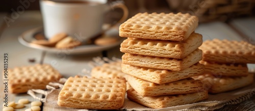 A detailed close up of Marie biscuits a type of rich tea biscuit on a table with copy space image photo