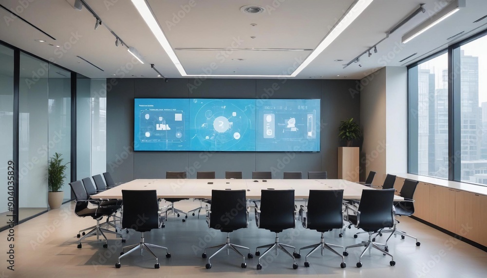 High-tech conference room with a large digital screen and glass walls
High-tech conference room with a large digital screen and glass walls