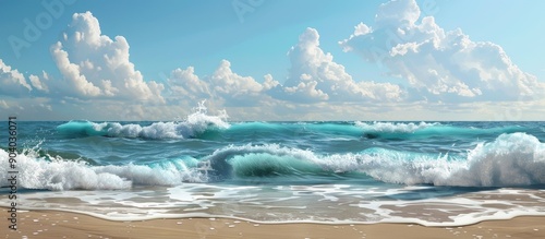 Fototapeta Naklejka Na Ścianę i Meble -  Summer scene with sea waves foam and sky blending at the horizon ideal for a copy space image