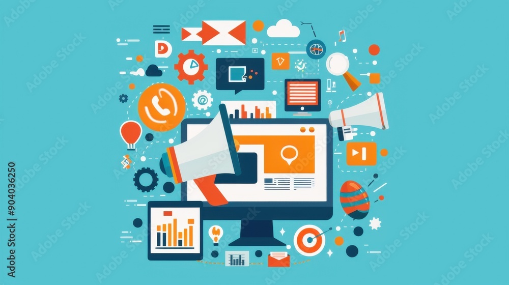 Online presence, advertising campaigns, PPC strategies, flat design illustration Online presence, advertising campaigns, PPC strategies, flat design illustration