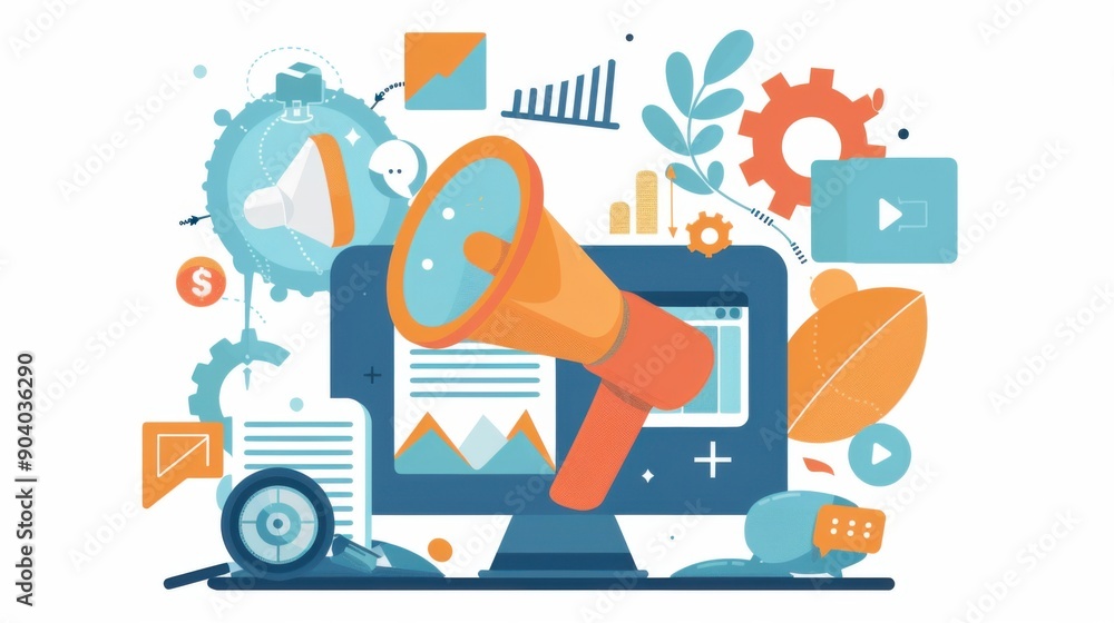 A computer monitor with a large orange megaphone on it A computer monitor with a large orange megaphone on it