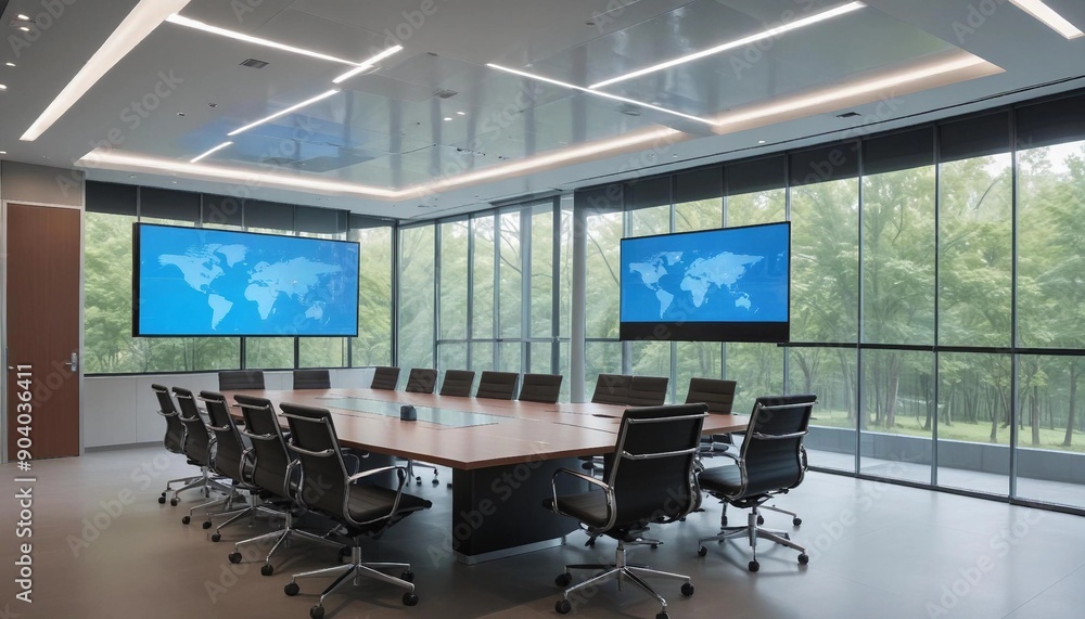 High-tech conference room with a large digital screen and glass walls
High-tech conference room with a large digital screen and glass walls