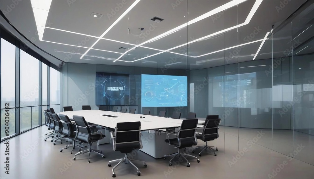 High-tech conference room with a large digital screen and glass walls
High-tech conference room with a large digital screen and glass walls
