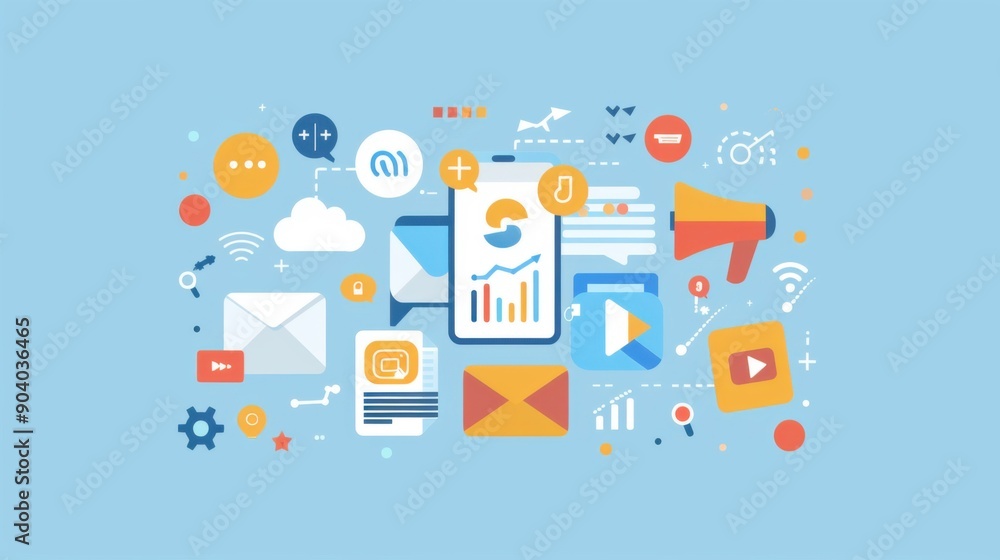 A colorful image of various icons and symbols, including a cell phone A colorful image of various icons and symbols, including a cell phone