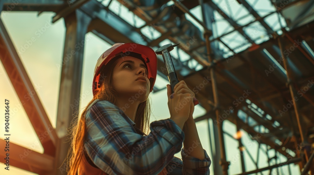 Construction worker gazes up at a building site while holding a hammer as the sun sets Construction worker gazes up at a building site while holding a hammer as the sun sets