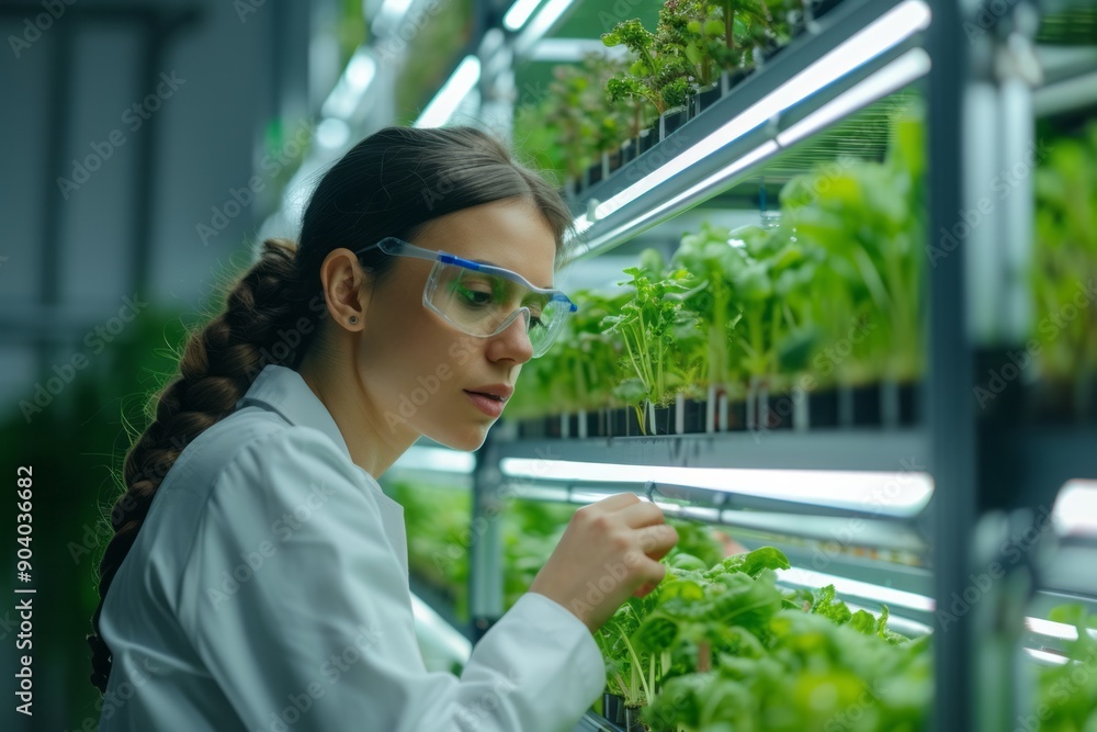 Fototapeta premium Female scientist looks at plots of organic hydroponic vegetables being grown in an indoor vertical farm. The concept of analysis, research and development of the future of agriculture