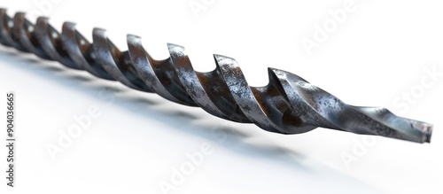 Detailed close up shot of a large long steel masonry drill bit isolated on a white background with copy space image