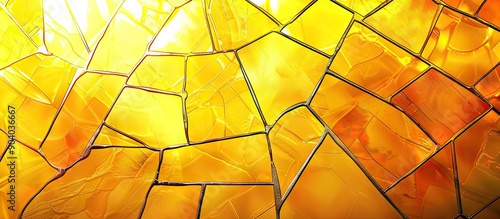 Vibrant yellow stained glass backdrop with a variety of shapes and a copyspace image