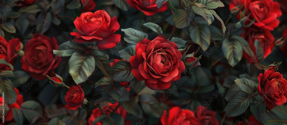 Detailed close up of large red roses in an English country garden with copy space image Detailed close up of large red roses in an English country garden with copy space image