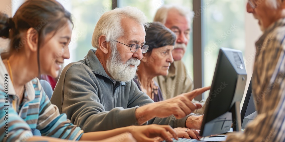 Retired seniors learning technology together, sitting with laptops and enjoying education and friendship. Retired seniors learning technology together, sitting with laptops and enjoying education and friendship.
