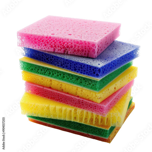 Stack of colorful cleaning sponges isolated on white background, perfect for housework, kitchen, bathroom cleaning, and hygiene purposes.
