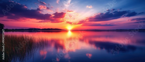 Fototapeta Naklejka Na Ścianę i Meble -  A vibrant sunset over a tranquil lake with reflections 