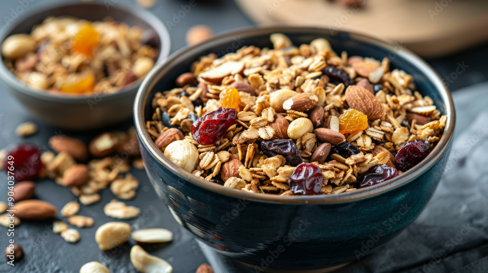 Delicious bowl of granola with mixed nuts and dried fruit for a healthy breakfast snack Delicious bowl of granola with mixed nuts and dried fruit for a healthy breakfast snack