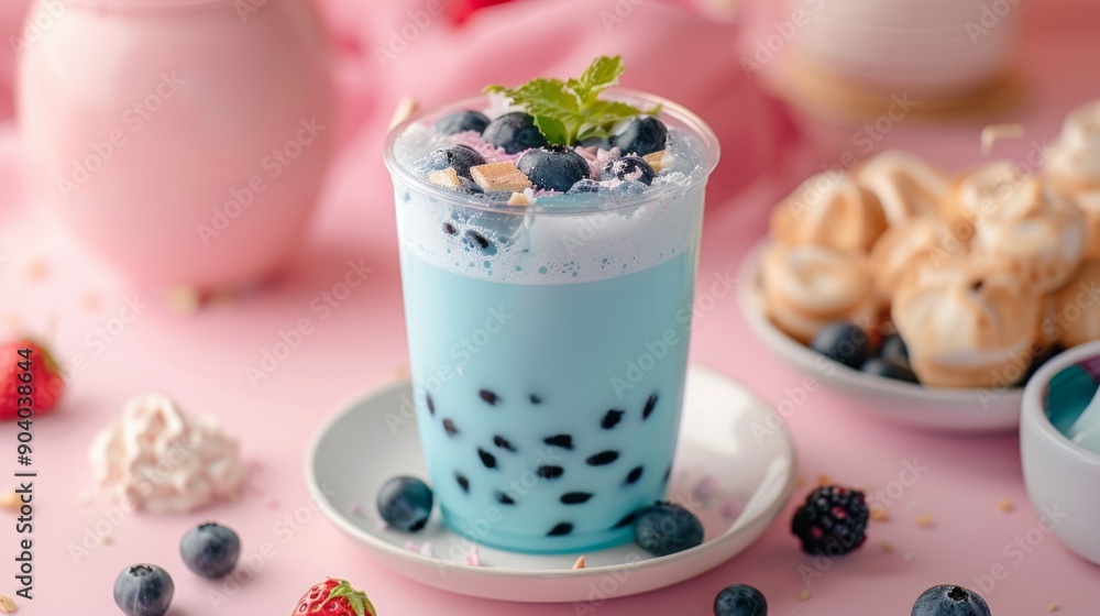 Blue bubble tea in a plastic cup with whipped cream, blueberries, and mint on a pink background, surrounded by sweet treats and fresh berries Blue bubble tea in a plastic cup with whipped cream, blueberries, and mint on a pink background, surrounded by sweet treats and fresh berries