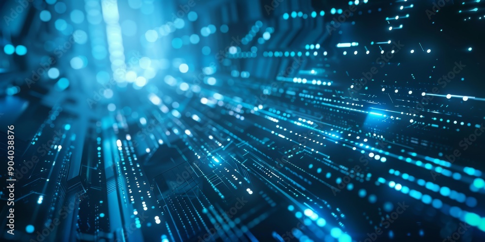 High-tech visual of a digital data stream with blue lights, representing connectivity and technology. High-tech visual of a digital data stream with blue lights, representing connectivity and technology.