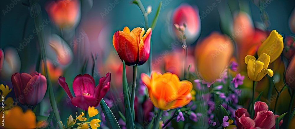 A vivid and vibrant display of various flowers including colorful tulips in a close up shot with ample copy space image