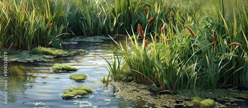 Wetland plants like cattails and reeds provide texture and interest to the landscape Both plants create a lush backdrop and enhance the overall natural ambiance with copy space image photo