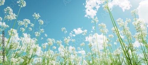Fototapeta Naklejka Na Ścianę i Meble -  White flowers of tall grass under clear blue sky with copy space image