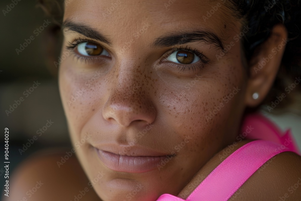 Close-up of woman with freckles wearing pink breast cancer awareness ribbon. Close-up of woman with freckles wearing pink breast cancer awareness ribbon.