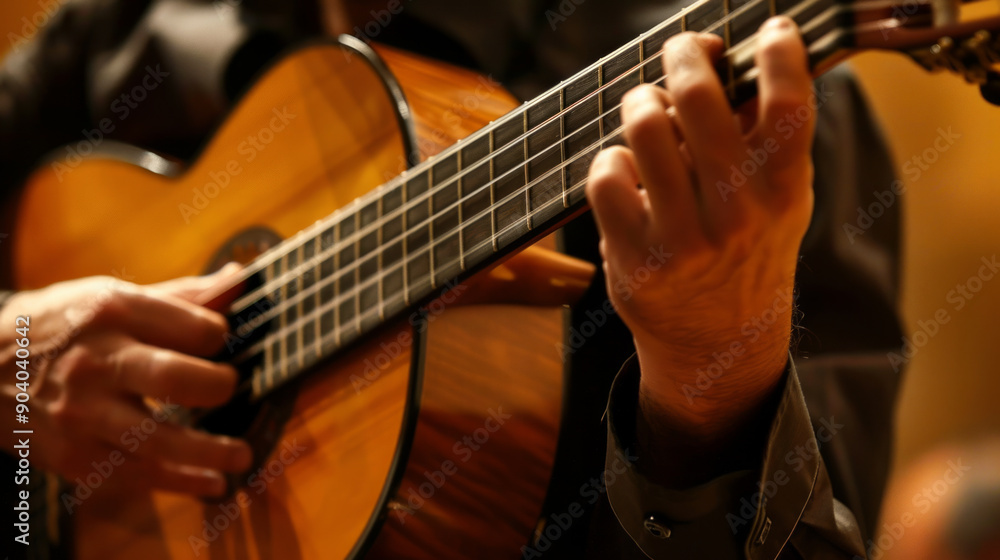 Fototapeta premium A classical guitar player performing passionately in an intimate setting at dusk