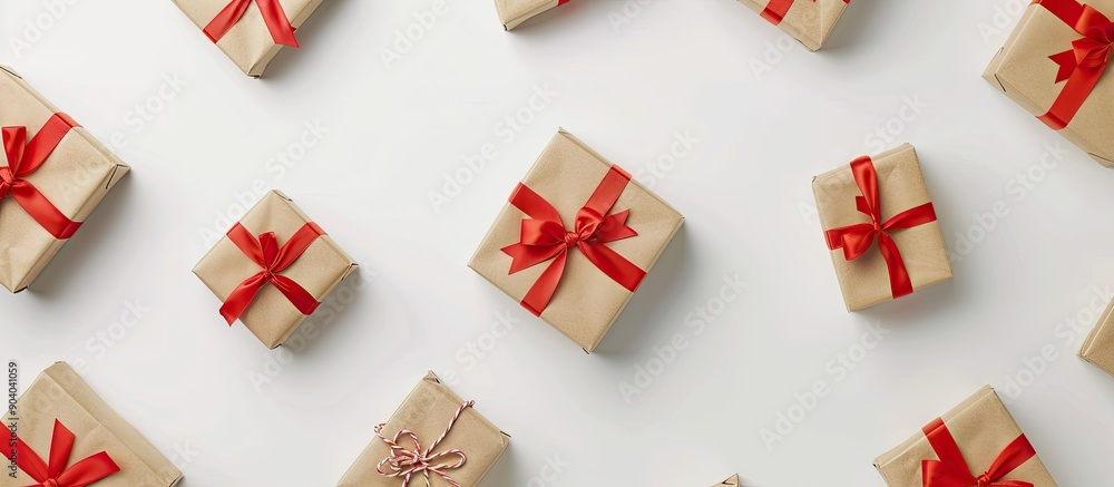 Gift boxes with bows and tape ties on a white background suitable for copy space image Gift boxes with bows and tape ties on a white background suitable for copy space image