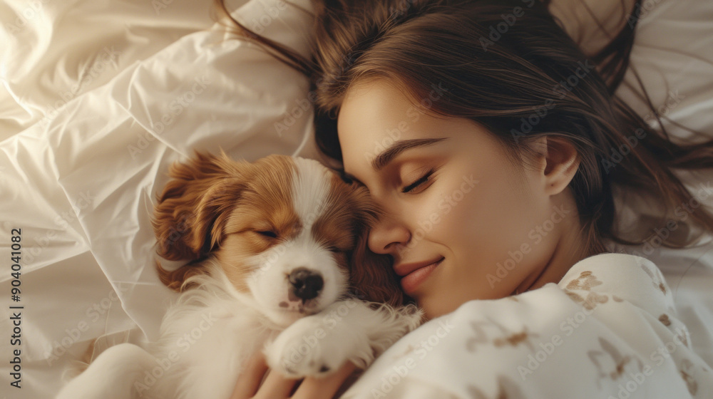 Young woman tenderly hugs her puppy tightly lying in a light bed. Friendship concept between humans and animals
Young woman tenderly hugs her puppy tightly lying in a light bed. Friendship concept between humans and animals